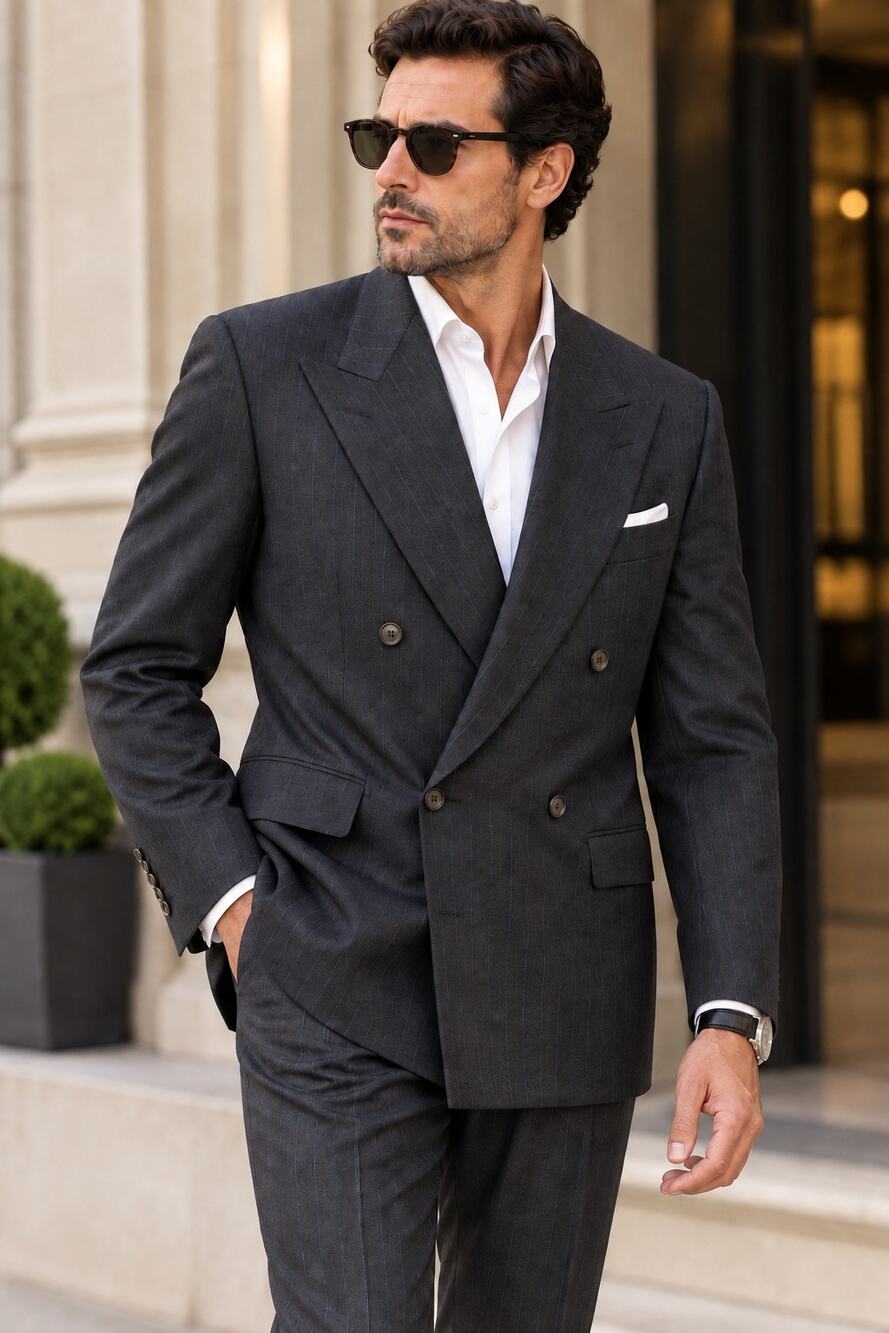 Brioni Flaminio 21 Blazer Mens 52R (42R) Charcoal Blue Pinstripe Double Breasted